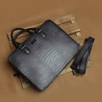 Grey Laptop Briefcase in Cut Croco Leather with Organizer Compartment