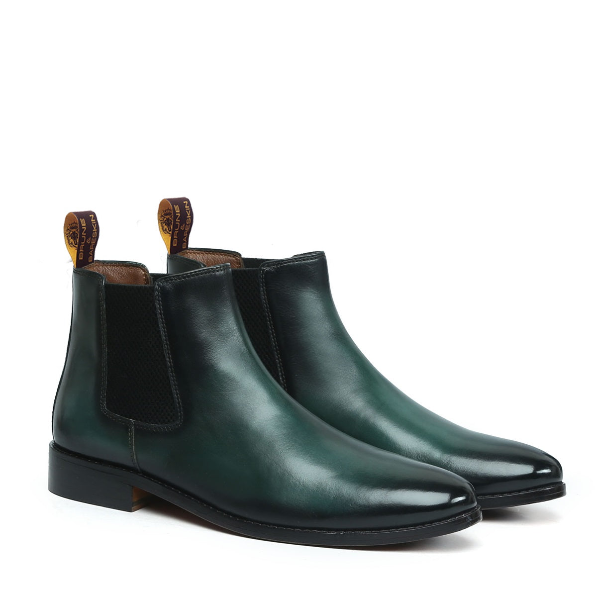 Green Leather With Leather Sole Hand Made Chelsea Boots For Men By Bru