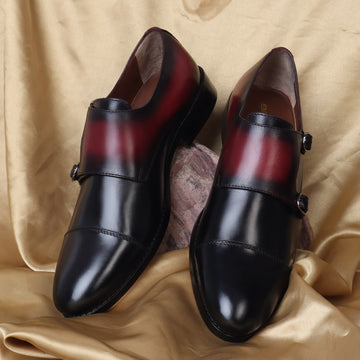 Dual Tone Black/Wine Double Monk Leather Straps Shoes By Brune & Bareskin