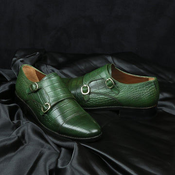 Green Croco Leather Double Monk With Leather Sole Shoes By Brune & Bareskin