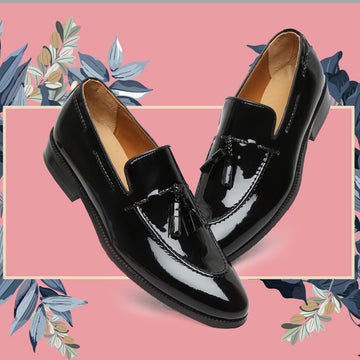 Apron Toe Side Lacing Tassel Loafers in Black Patent Leather By Brune & Bareskin