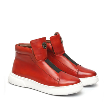 Hot Red Color Mid-Top Sneakers in Stretchable Closure by Brune & Bareskin