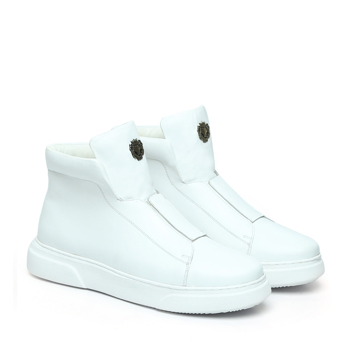 White Leather Mid-Top Sneakers in Stretchable Closure by Brune Bares