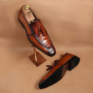 Tan Sleek Look Tassel Hand Painted Deep Cut Croco Leather Loafer For Men By Brune & Bareskin