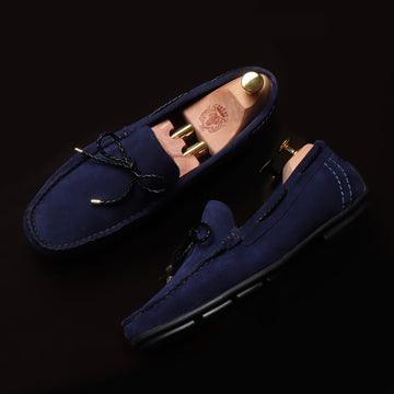 Blue Suede Leather Weaved Tassel Bow Loafers by Brune & Bareskin