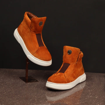 Orange Suede Leather Mid-Top Sneakers with Stretchable Strap by Brune & Bareskin