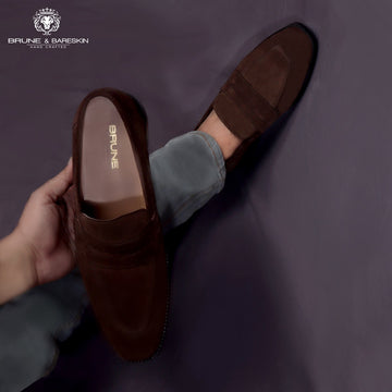 Dark Brown Suede Leather Sleek Look Squared Apron Toe Formal Slip-On by Brune & Bareskin