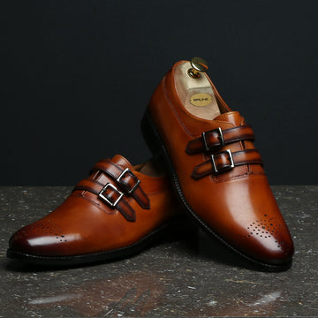 TAN PARALLEL DOUBLE MONK STRAPS LEATHER FORMAL SHOES BY BRUNE & BARESKIN