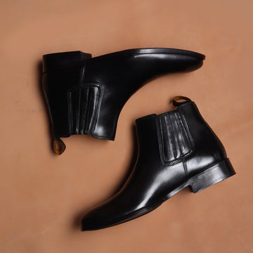 Black Leather High Ankle Handmade Chelsea Boots with Black Leather Sole