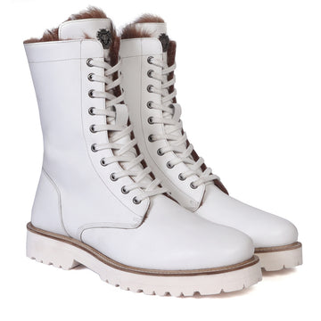White Leather Boots with Smooth Fur Warm Plush Lined Side Zipper Lug Sole by Brune & Bareskin