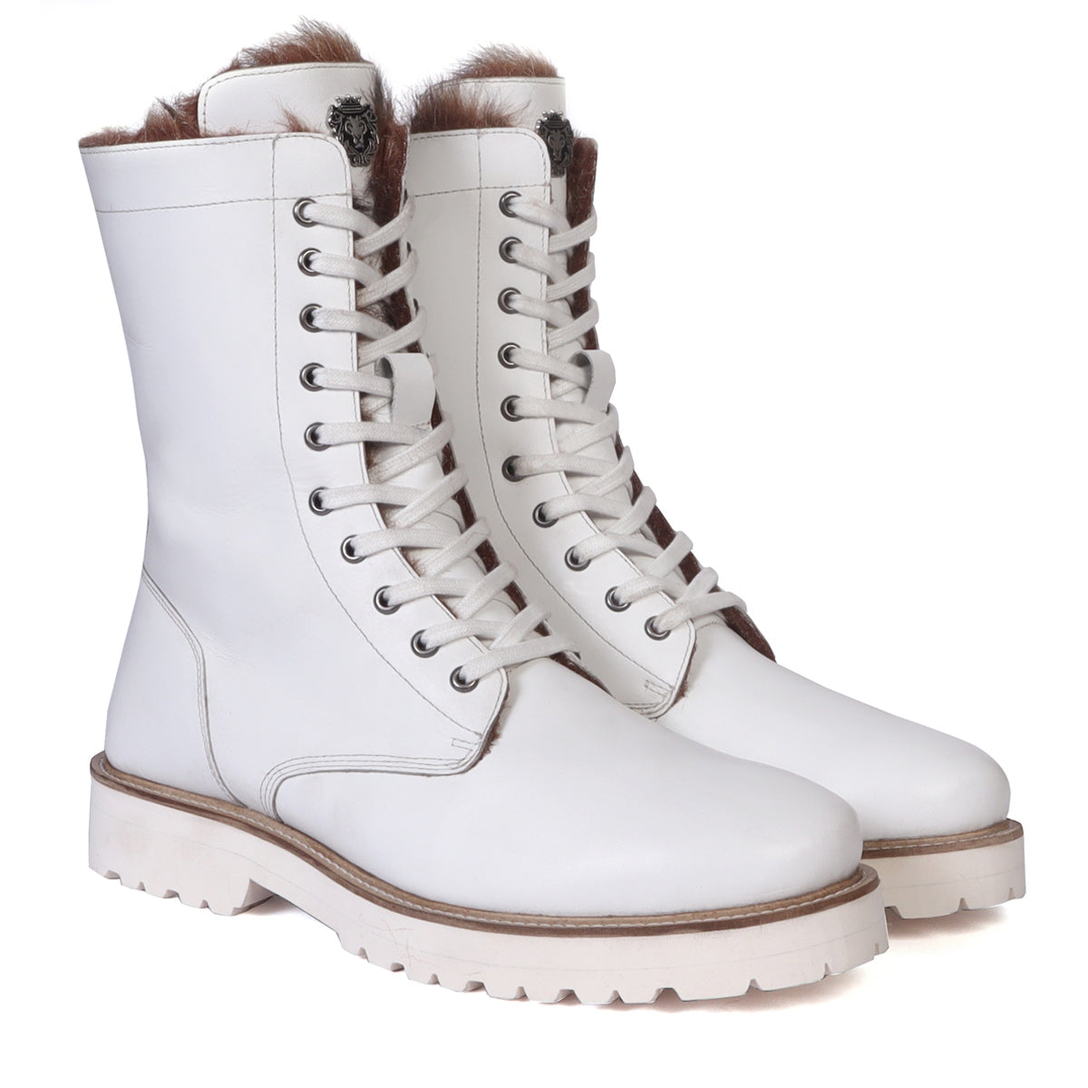 White Leather Boots with Smooth Fur Warm Plush Lined Side Zipper Lug S