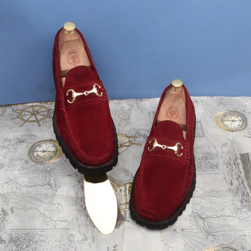 Red Suede Leather Chunky Sole Penny Loafers With Horse-bit Loafer
