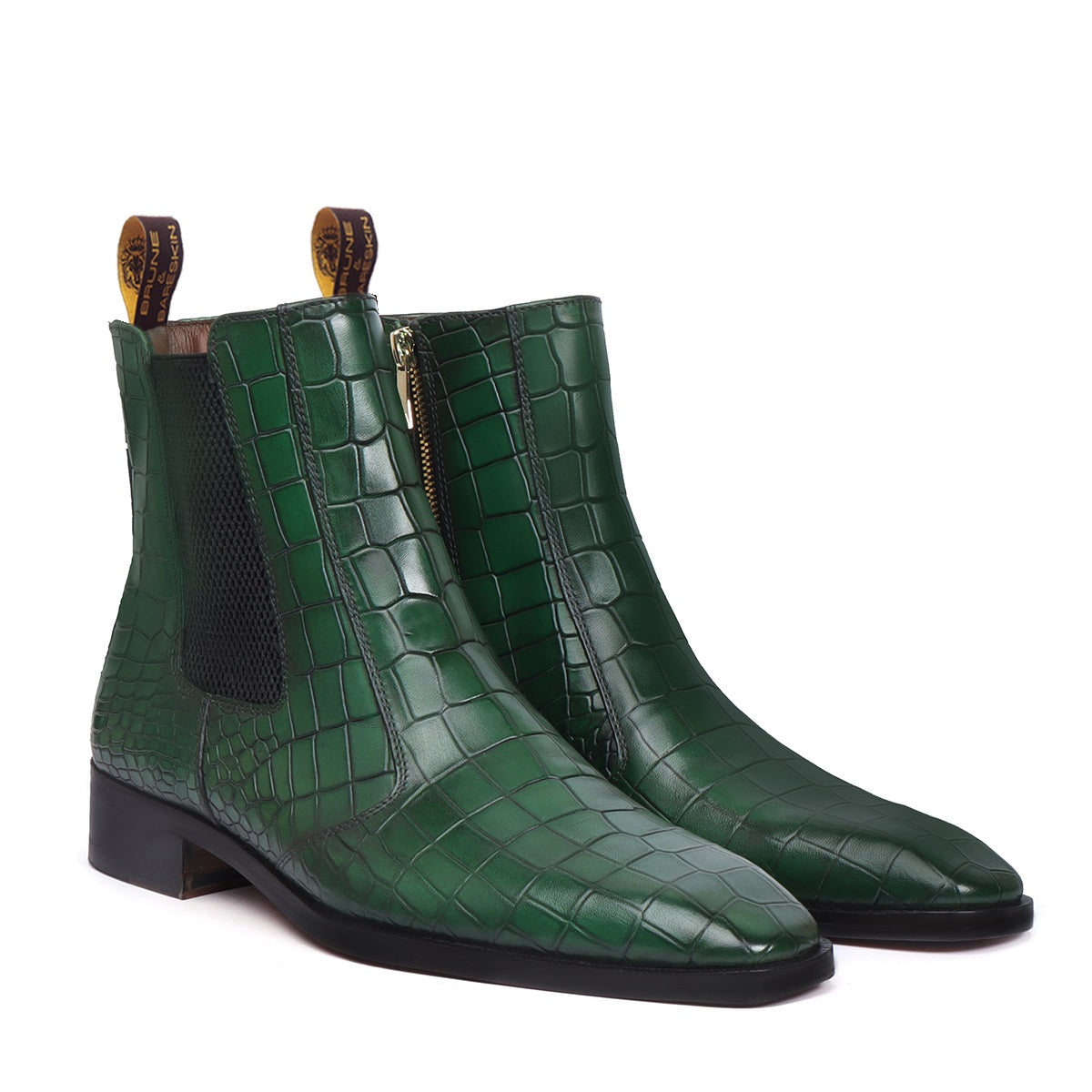 Green Croco Leather Chelsea Boots with Zip Closure