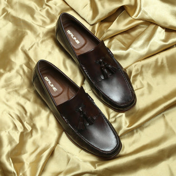 Tassel-Fringes Loafers in Dark Brown Leather with Leather Sole