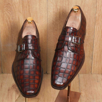 Dark Brown Deep Cut Leather Slant Toe Derby Monk Strap Shoes