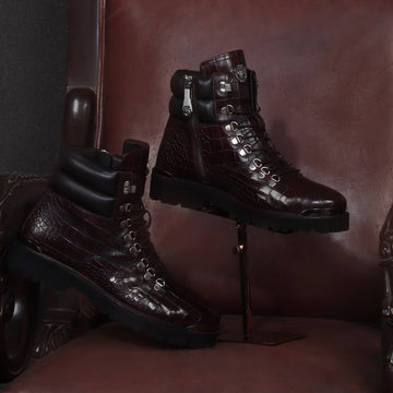 Dark Brown Chunky Boot With Deep Cut Leather Metal Plate Zip Closure