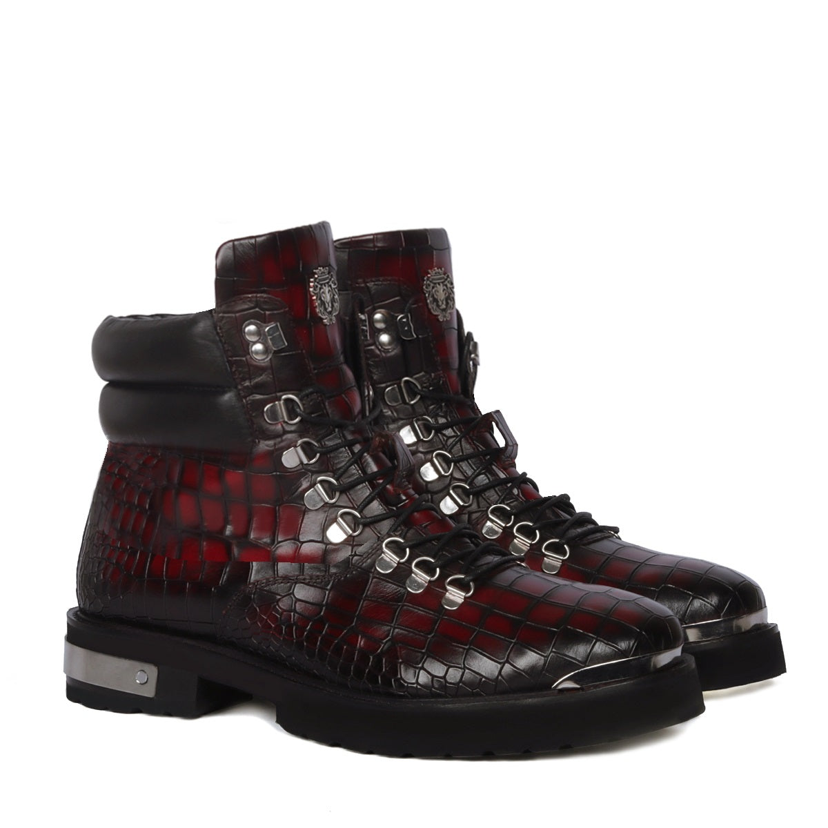 Smokey Wine Lace-Up Chunky Boots Metal Plate Zip Closure Croco Texture