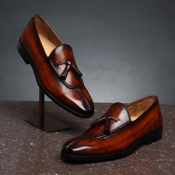 Paint Brush Look Cognac-Brown Leather Tassel Slip-On Shoes