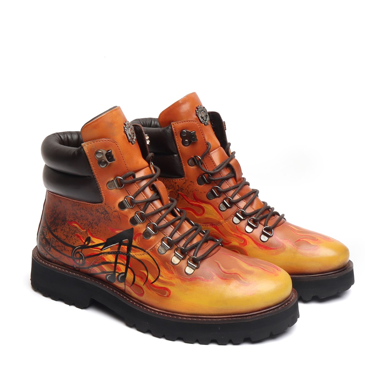 Light Weight Biker Boot for Men with Hand Painted Fire and Music Art T