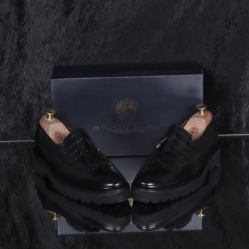Black Tasseled Wingtip Punching Toe With Light weight Leather Lug Sole Croco Print Shoe By Brune & Bareskin