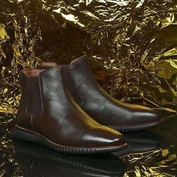 Dark Brown Grain Textured Leather Chelsea Boots with Light Weight Sole by Brune & Bareskin
