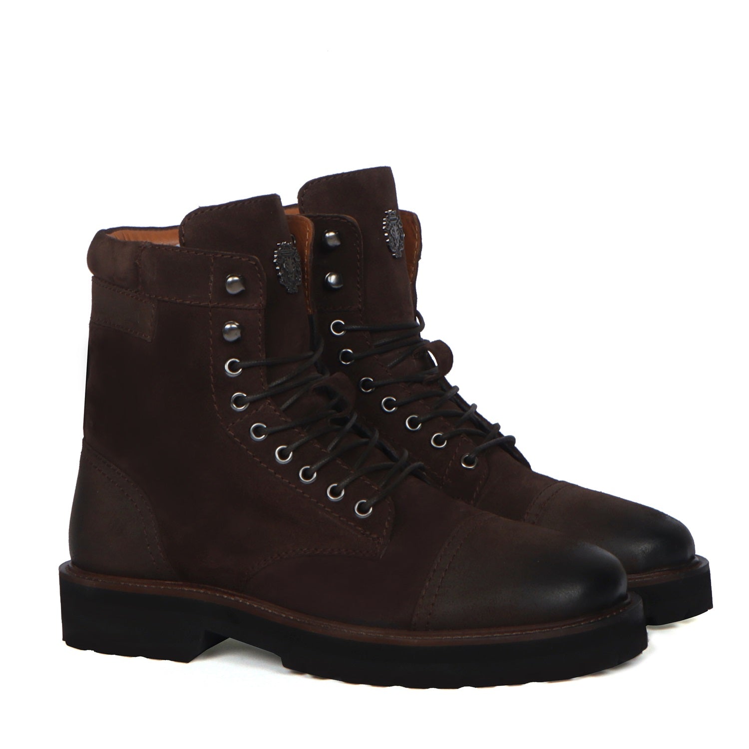 Dark Brown High Neck Biker Boot in Suede Leather Toe and Heal Cap by B