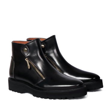 Dual Snap Light Weight Biker Boots with Button Zip Closure Black Leather By Brune & Bareskin