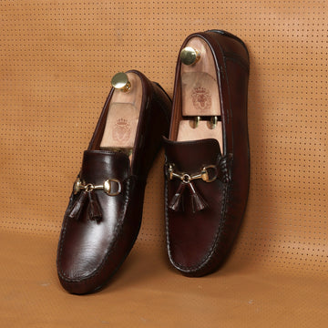 Dark Brown Tassel Leather Loafers with Horse-bit Buckle