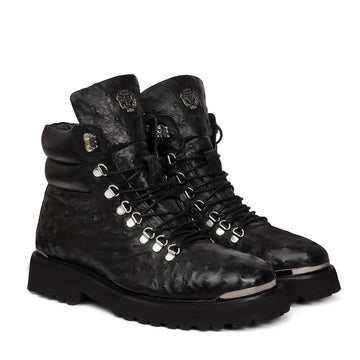 Black Biker Boots in Premium Authentic Ostrich Leather