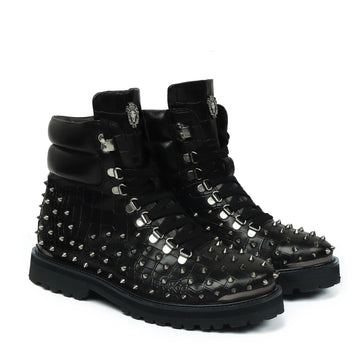 Ultra Light Weight Biker Boots in Black Deep Cut Leather with silver stud by Brune & Bareskin