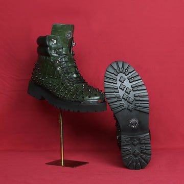Lace-Up Chunky Boots Green Croco Textured Leather with Black stud by Brune & Bareskin