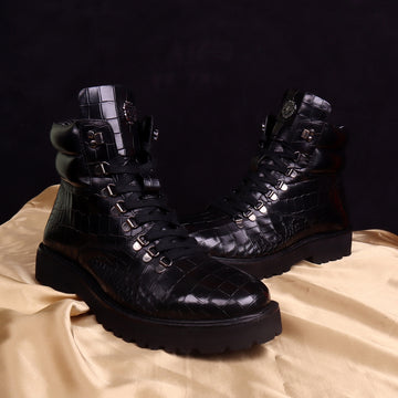 Light Weight Biker Boots in Black Deep Cut Croco Textured Leather with zipper Closure