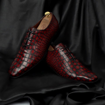Men's Wine Slant Toe Oxford Shoe with Full Deep Cut Croco Leather