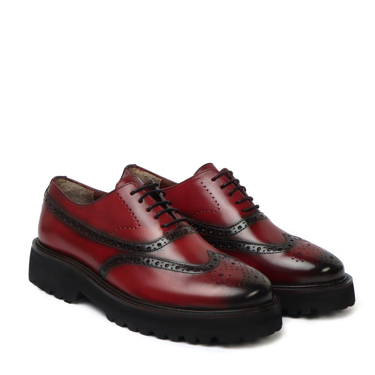 Wine Full Punching Brogue Wingtip Light Weight Lug Sole Oxford Boot by