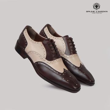 Chic Dual Tone Dove-Dark Brown Punching Brogues Oxford Lace-Up Leather Shoes by Brune & Bareskin