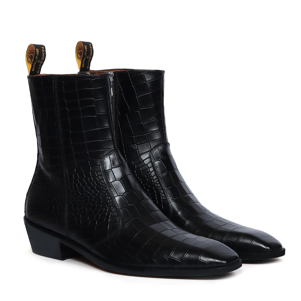 Stitched Black Chelsea Boot with Cuban Heel Zip Closure Deep Cut Leather By Brune & Bareskin