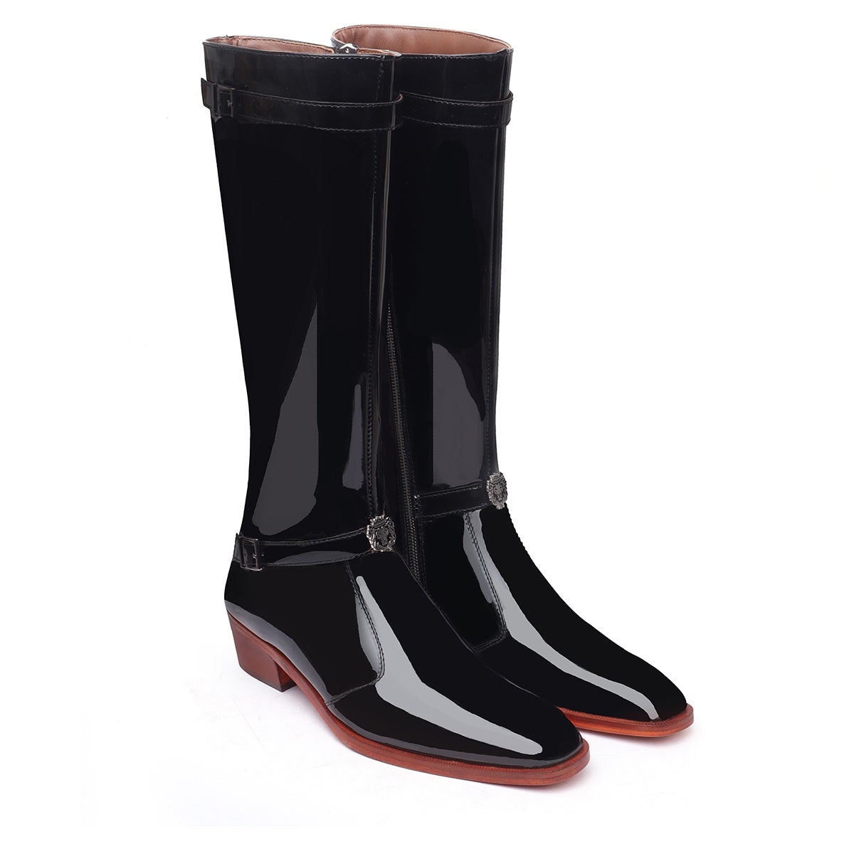 Knee Hight Cuban Heel Boots with Zip Closure Black Patent Leather For