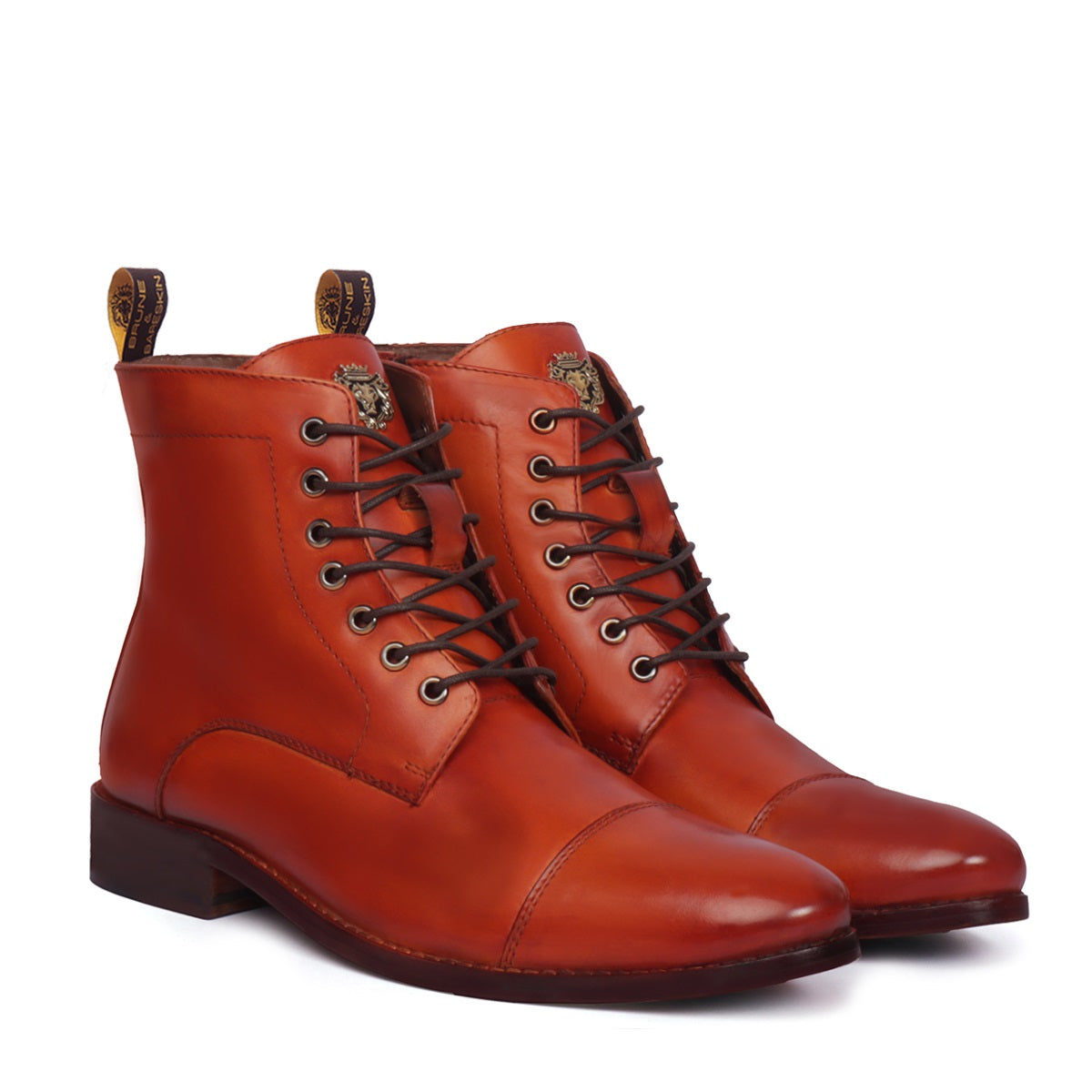 Stitched Cap Toe Tan Leather Boot with Lace-Up Zip Closure by Brune