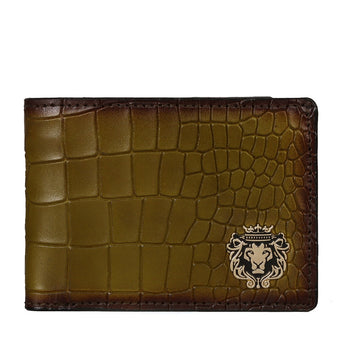 Olive Green Bi-Fold Wallet in Deep Cut Croco Textured Leather