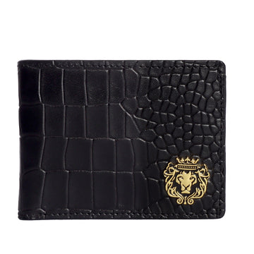 Metal Lion Coin Pocket Black Croco Textured Leather Bi-Fold Wallet By Brune & Bareskin