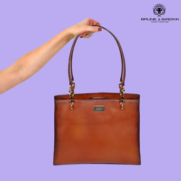 Tan Leather Hand Bag for Ladies with Button Closure