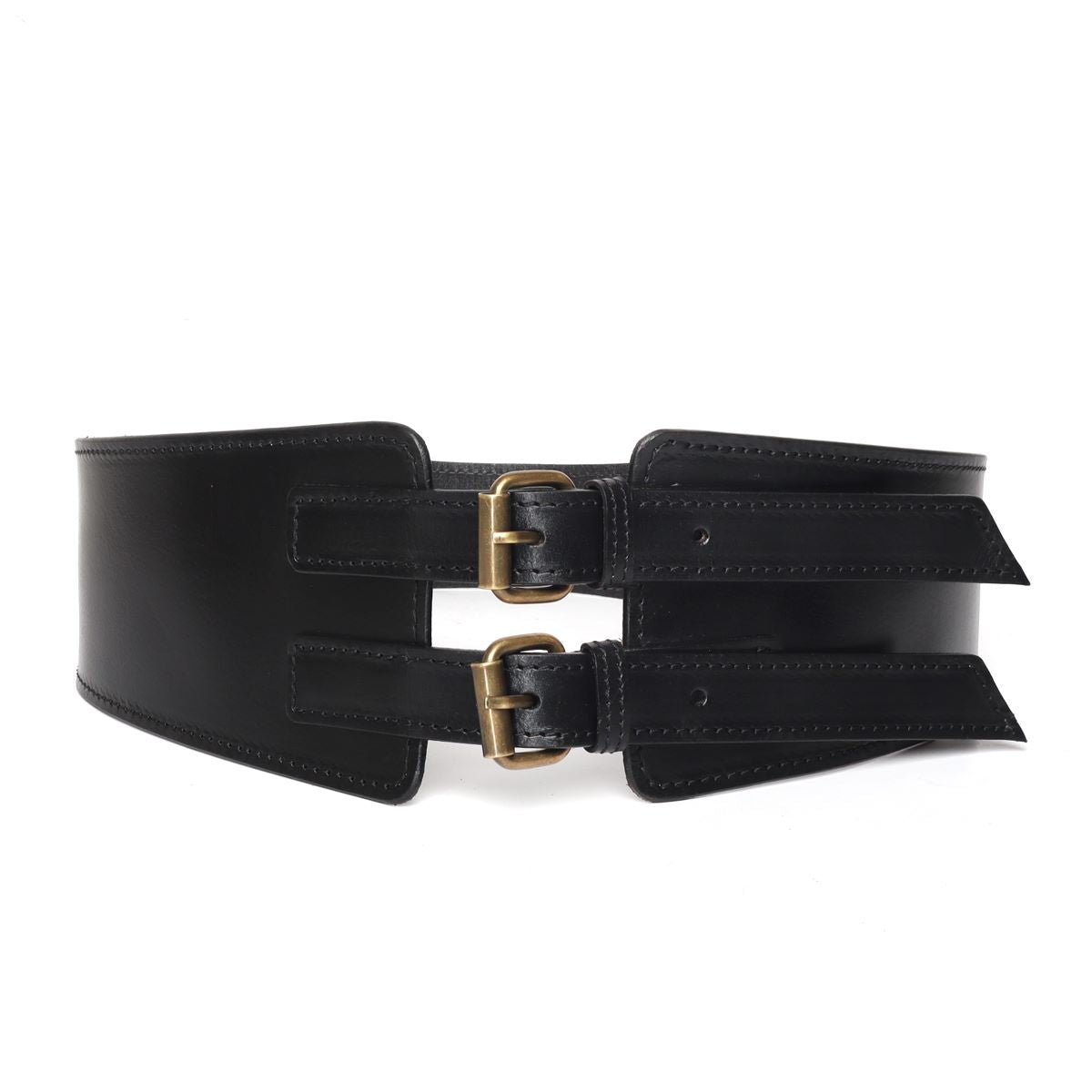 Double Buckle Corset Black Leather Belt With Golden Buckle By Brune & Bareskin L
