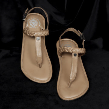 Weaved Loop Beige Buckled T-Strap Genuine Leather Ladies Sandal by Brune & Bareskin