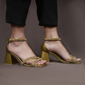 Golden Rhinestone Beads Embellishment Blocked Heel Buckled Strap Patent Leather Ladies Sandal By Brune & Bareskin
