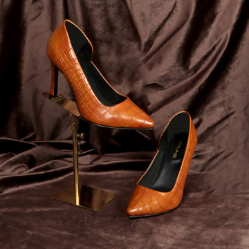 Pointed Toe Cut Croco Textured Tan Leather Sleek Stiletto Ladies Pencil Heel By Brune & Bareskin
