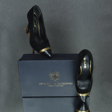 Gold Detail Snake Print Toe Sleek Stiletto Black Suede Leather Ladies Pencil Heel By Brune & Bareskin