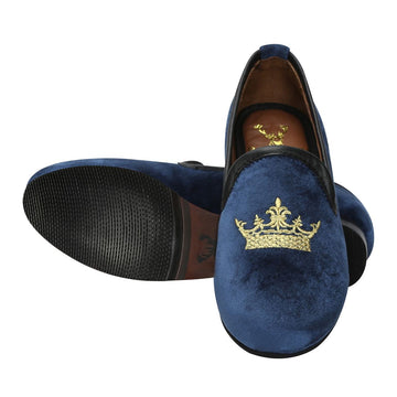 Blue Velvet Slip-Ons With Golden Crown Embroidery For Women
