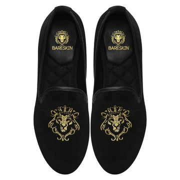 Black Velvet Slip-Ons With Golden Embroidery For Women