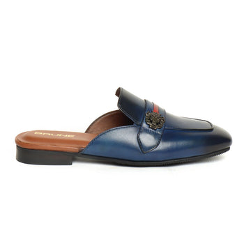 Women's Blue Leather Mules with Lion Badge & Contrasting Red/Blue Strap by Brune & Bareskin
