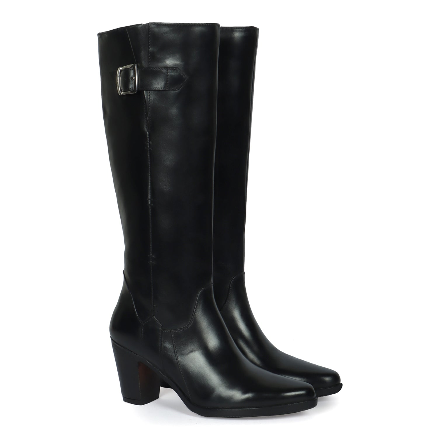 Black Knee Height Blocked Heel Ladies Leather Boots By Brune Bareski